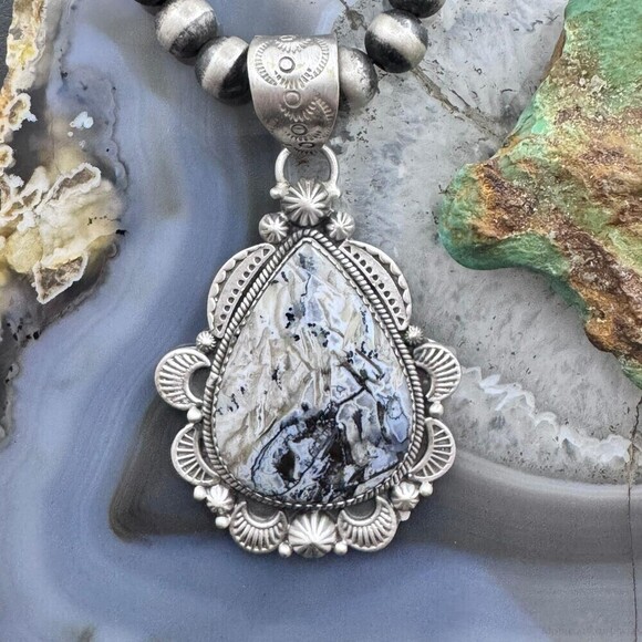 Sterling Southwestern Style Wide Teardrop Dendritic Agate Decorated Pendant